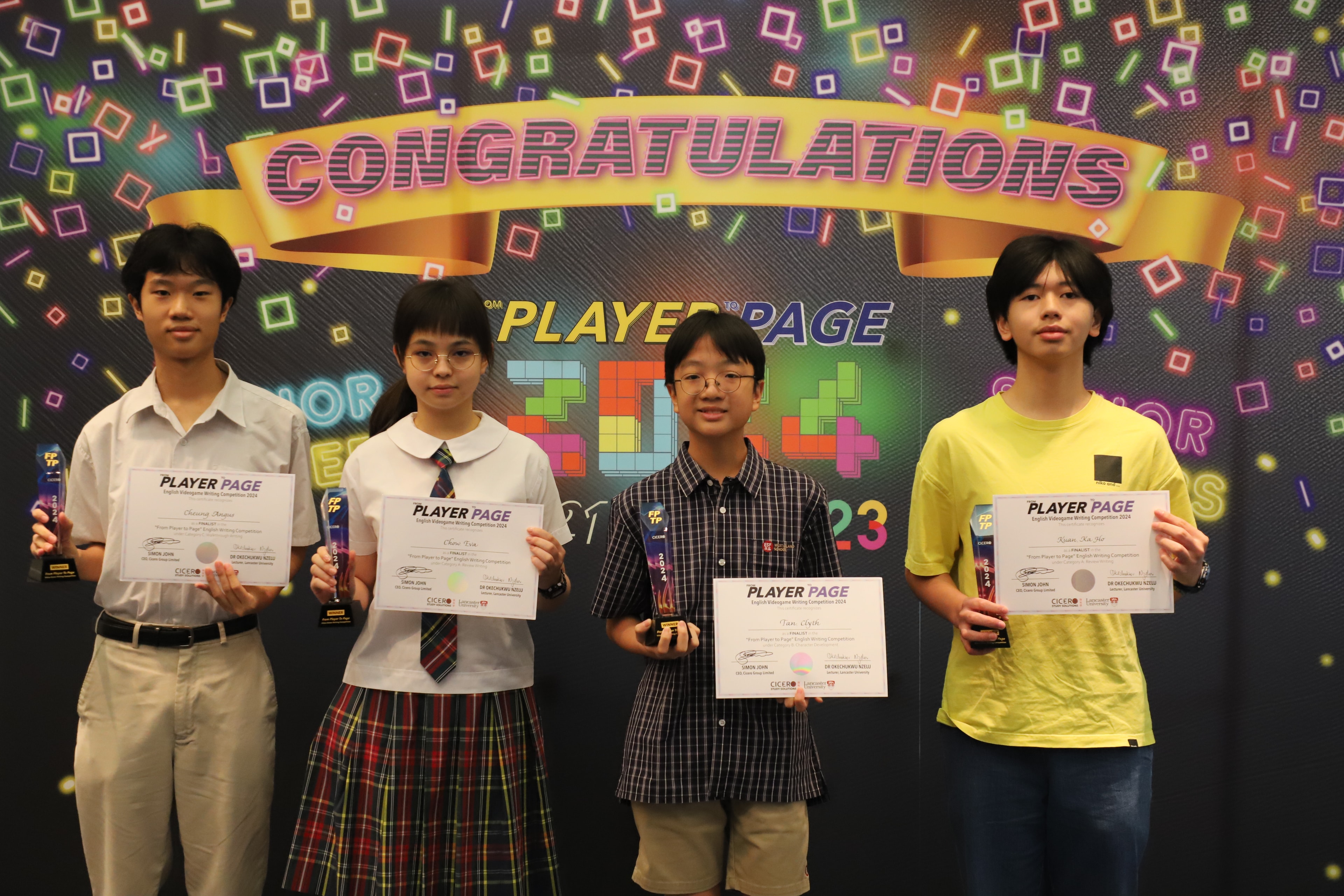 Junior and senior category winners holding certificates